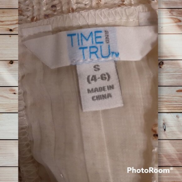 Time and Tru cream with gold sequins mixed media lace up back sweater size small - Picture 3 of 4